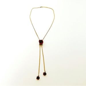 Vintage lariat gold tone necklace with detailed red roses
